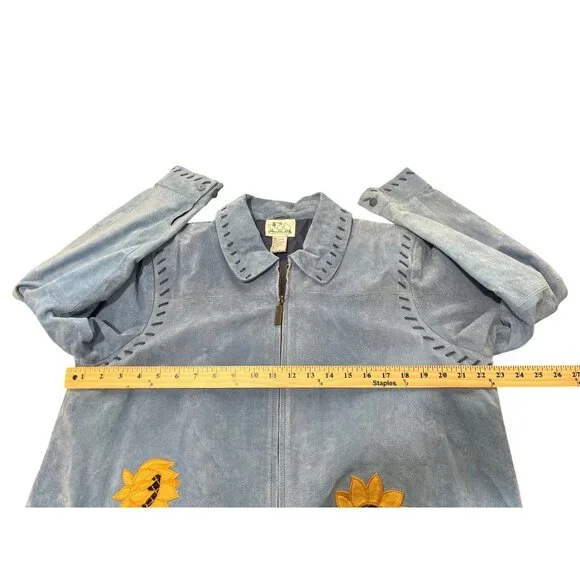 Quacker Factory Blue Suede Jacket Embroidered Sunflowers Vtg Full-Zip Size L - Picture 6 of 9